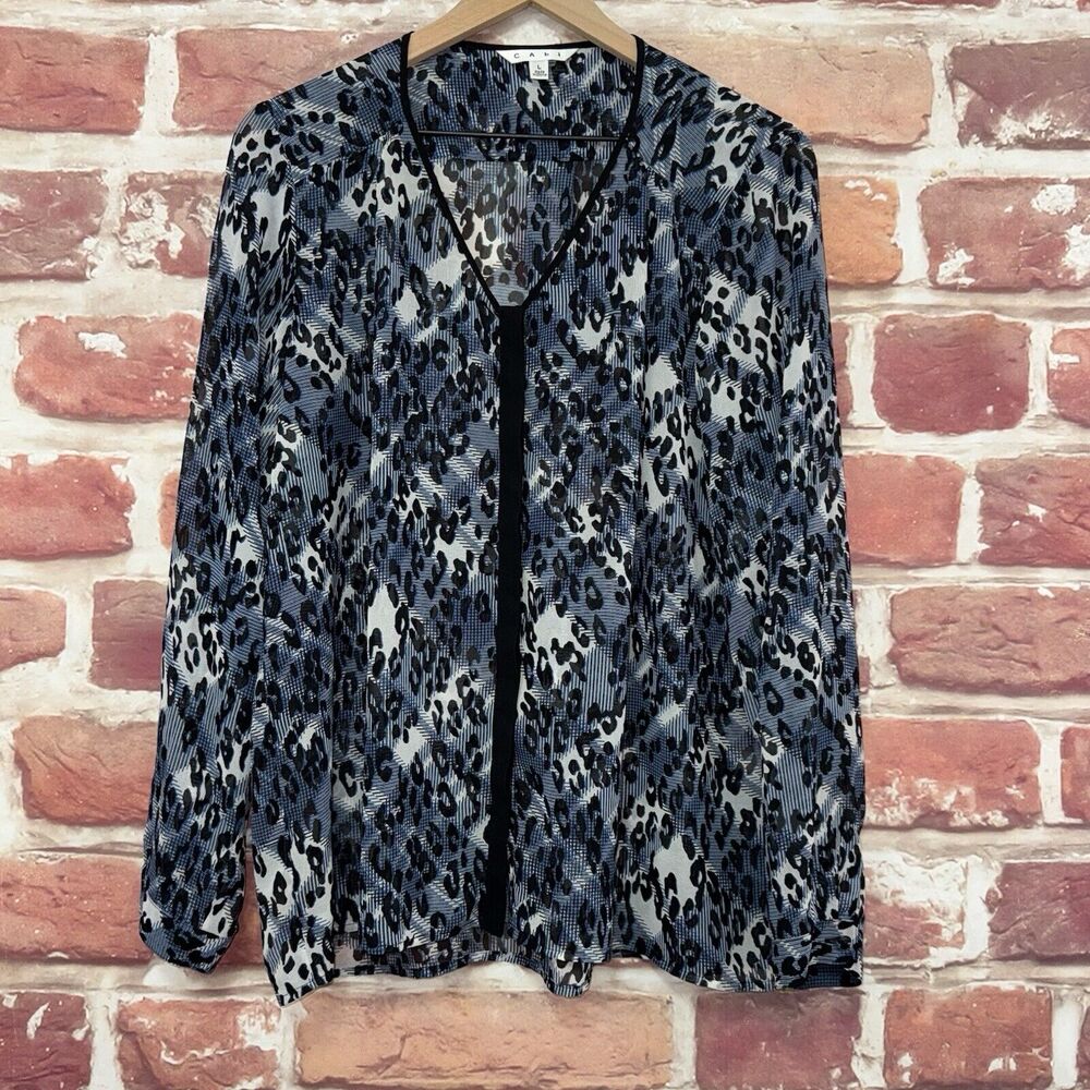 Cabi Top Shirt Women's Large Blue Multicolor Animal Print Hidden Button Front